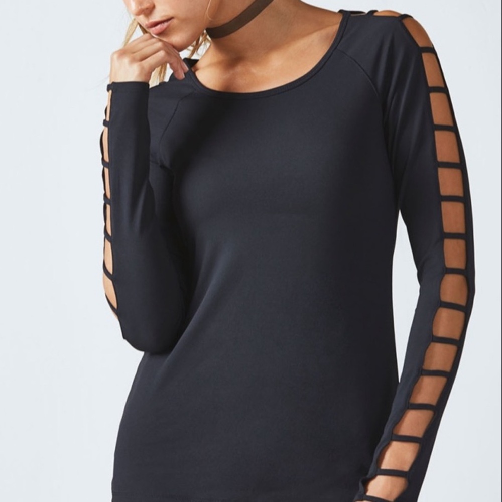 Fabletics Evangeline Cut Out Lattice Sleeve Black Top
